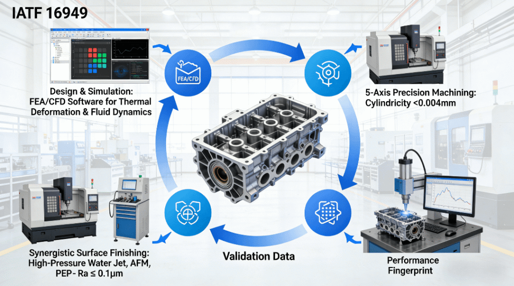 An infographic-style photo illustrating the closed-loop, digital-physical process chain for high-reliability valve bodies: from FEA/CFD simulation, to precision 5-axis machining with sub-0.004mm cylindricity, through synergistic finishing (water jet, AFM, PEP), to final dynamic hydraulic performance validation on a test bench, with data feeding back to improve simulation.