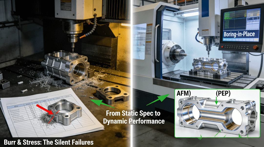 A split-image comparing two manufacturing paradigms for automotive valve bodies. The left side shows traditional machining with visible burrs and stress issues. The right side showcases advanced 5-axis CNC milling with thermal compensation, in-place boring, and a mirror-finished part after AFM & PEP, visualizing the shift from feature-making to performance-injection.