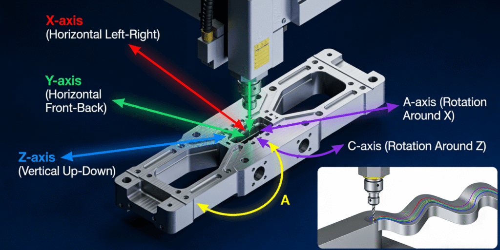 Diagram explaining the 5 axes (X, Y, Z linear and A, C rotary) on a CNC machine and illustrating continuous toolpath in 5-axis simultaneous machining of a complex contour