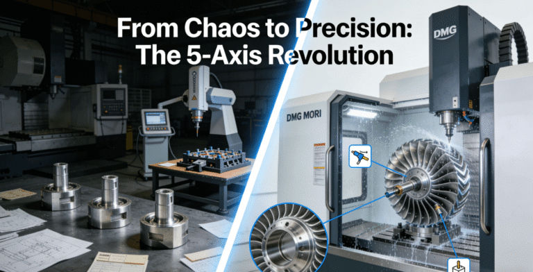 Comparison diagram showing the chaotic multi-step traditional machining process versus the streamlined, single-setup 5-axis CNC machining process for complex parts.