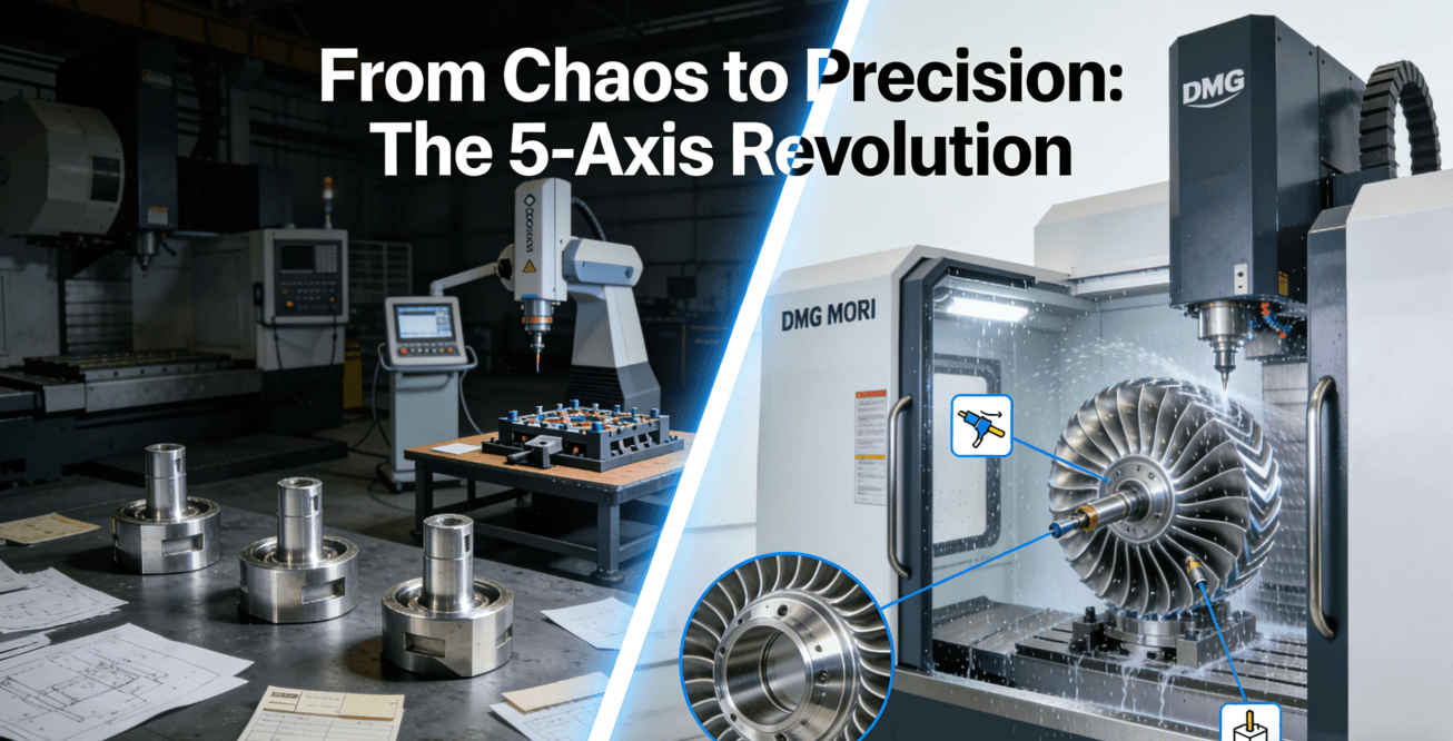 Comparison diagram showing the chaotic multi-step traditional machining process versus the streamlined, single-setup 5-axis CNC machining process for complex parts.
